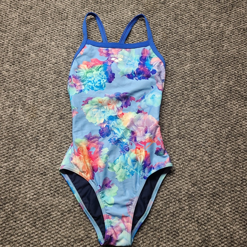 Arena Girls Spring Garden Light Drop One Piece Swimsuit Floral Blue Size 24